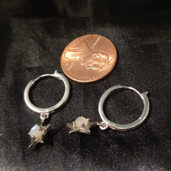 White Rhodium Plated Sterling Silver Moonstone Star Drop Huggie Hoop Earrings - Picture 3 of 5